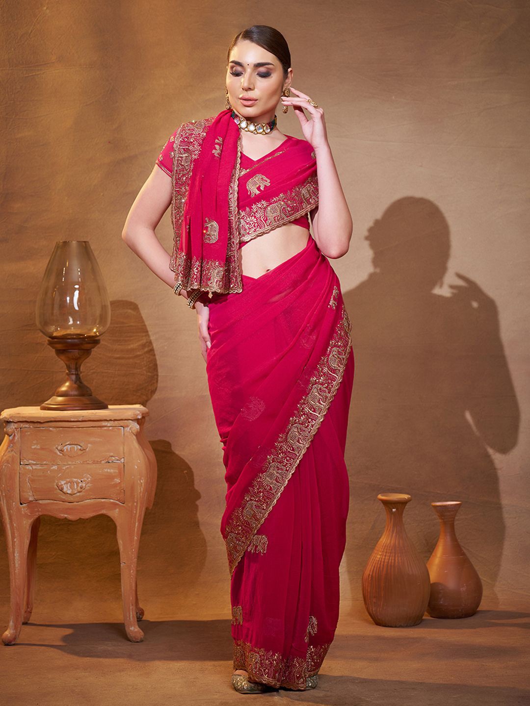 

Kalista Ethnic Motifs Zari Satin Saree, Pink