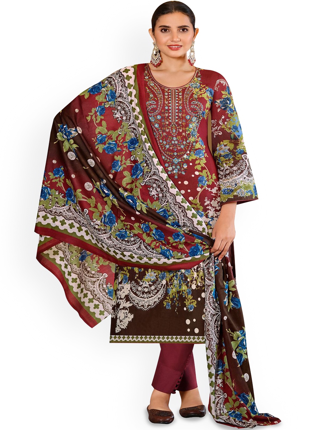 

DRAVINAM Trends Embroidered Pure Cotton Unstitched Dress Material, Maroon