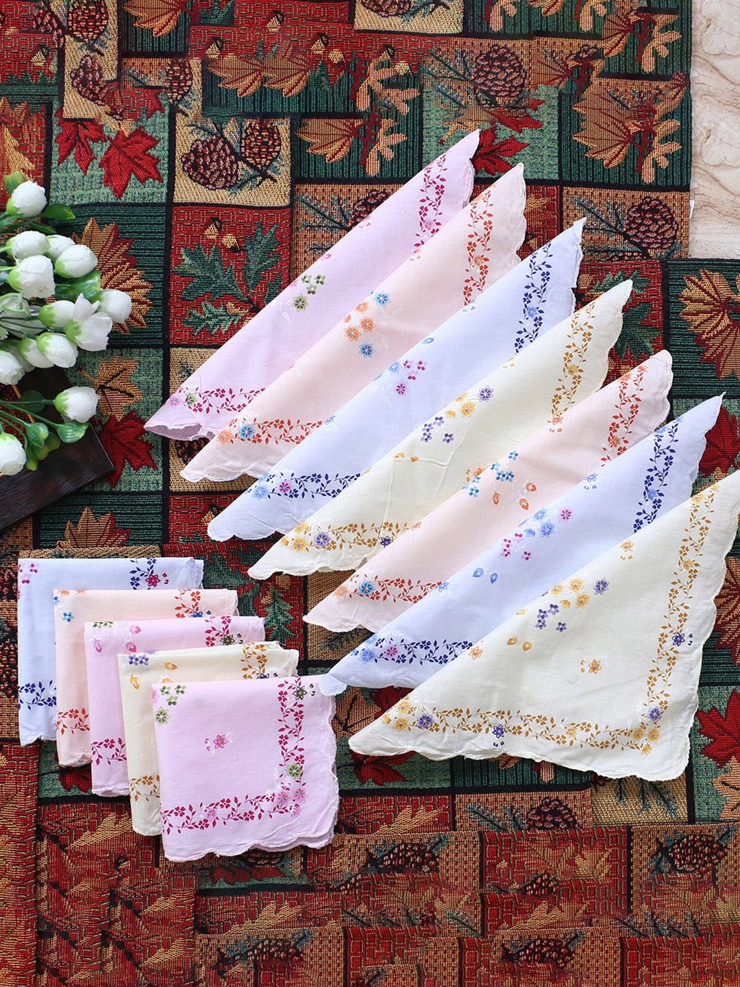 

Kuber Industries Women & Girls Set Of 12 Multicolor Leaf Print Cutwork Cotton Hankies, Blue
