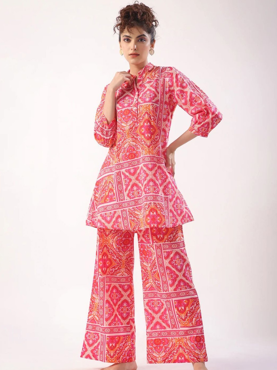 

Jade & Julie Printed Mandarin Collar Pure Collar Top With Trousers Co-Ords, Pink