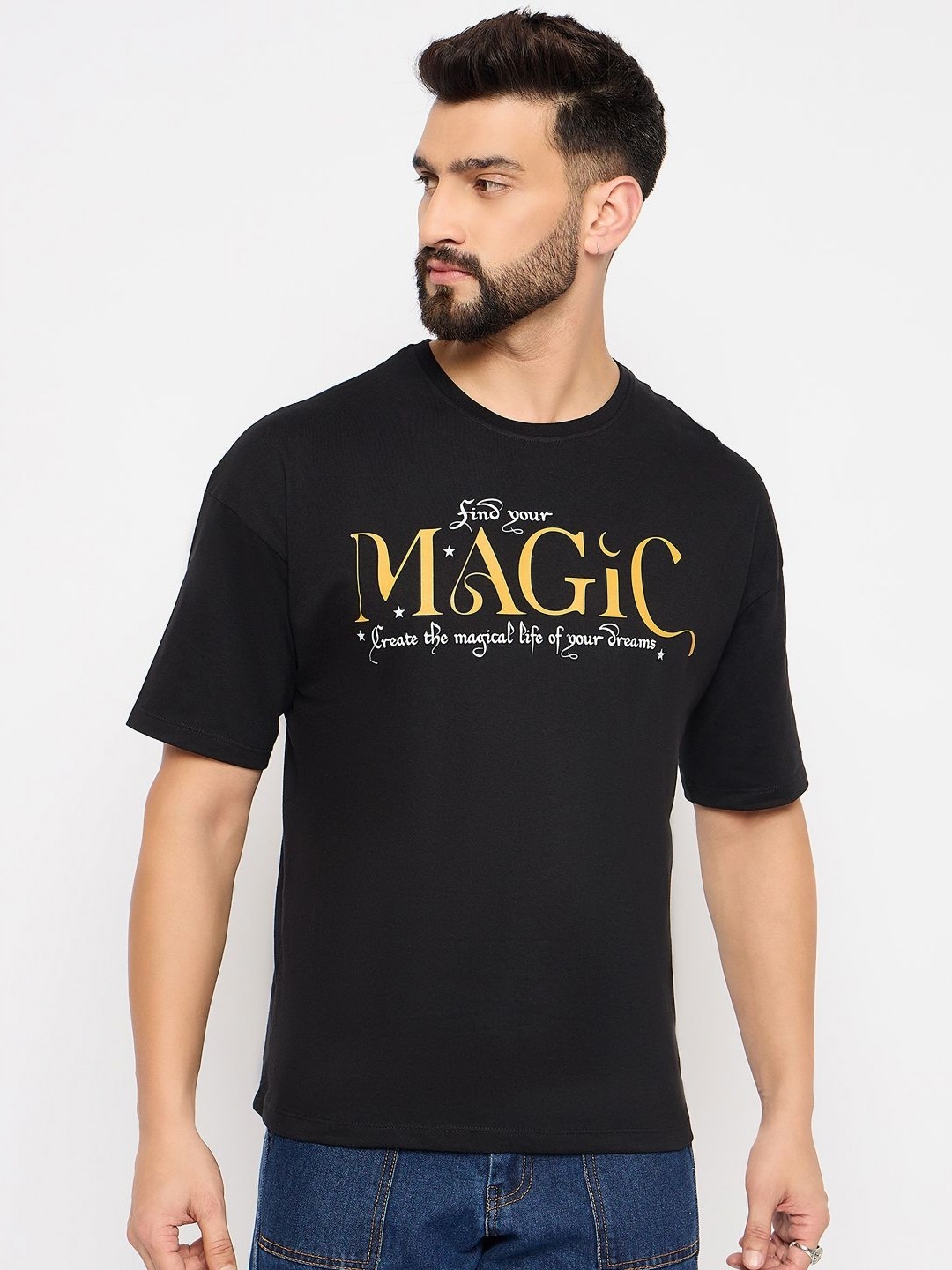 

Mast & Harbour Men Typography Printed Pure Cotton Applique T-shirt, Black