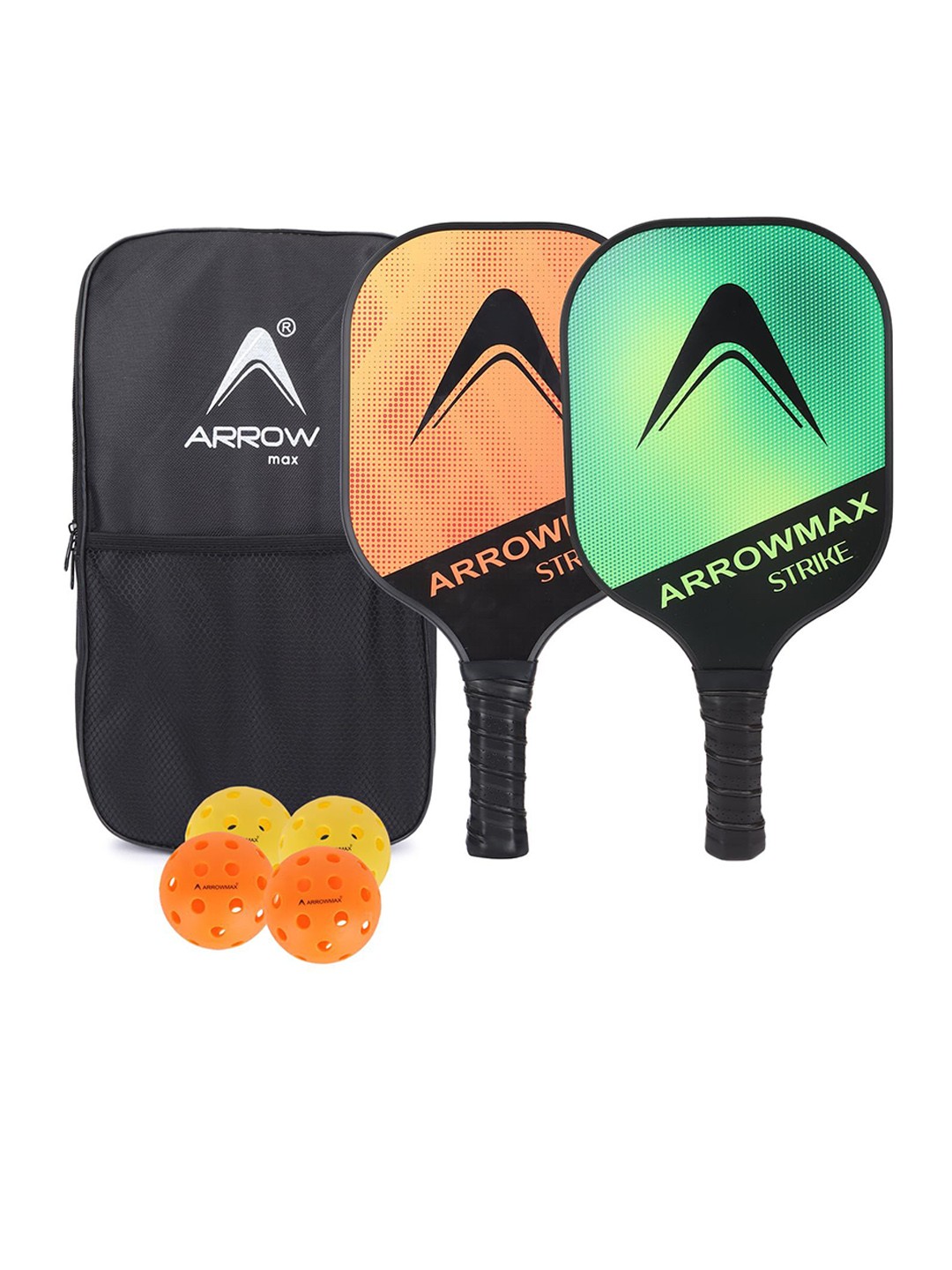 

ARROWMAX Set Of 2 Pickleball Paddle Rackets With 2-Pcs Balls & Full Zipper Cover, Green