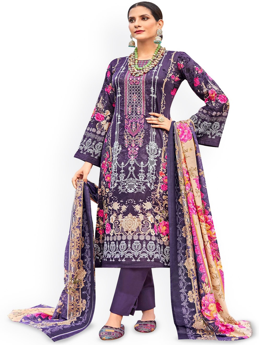 

DRAVINAM Trends Embroidered Pure Cotton Unstitched Dress Material, Purple