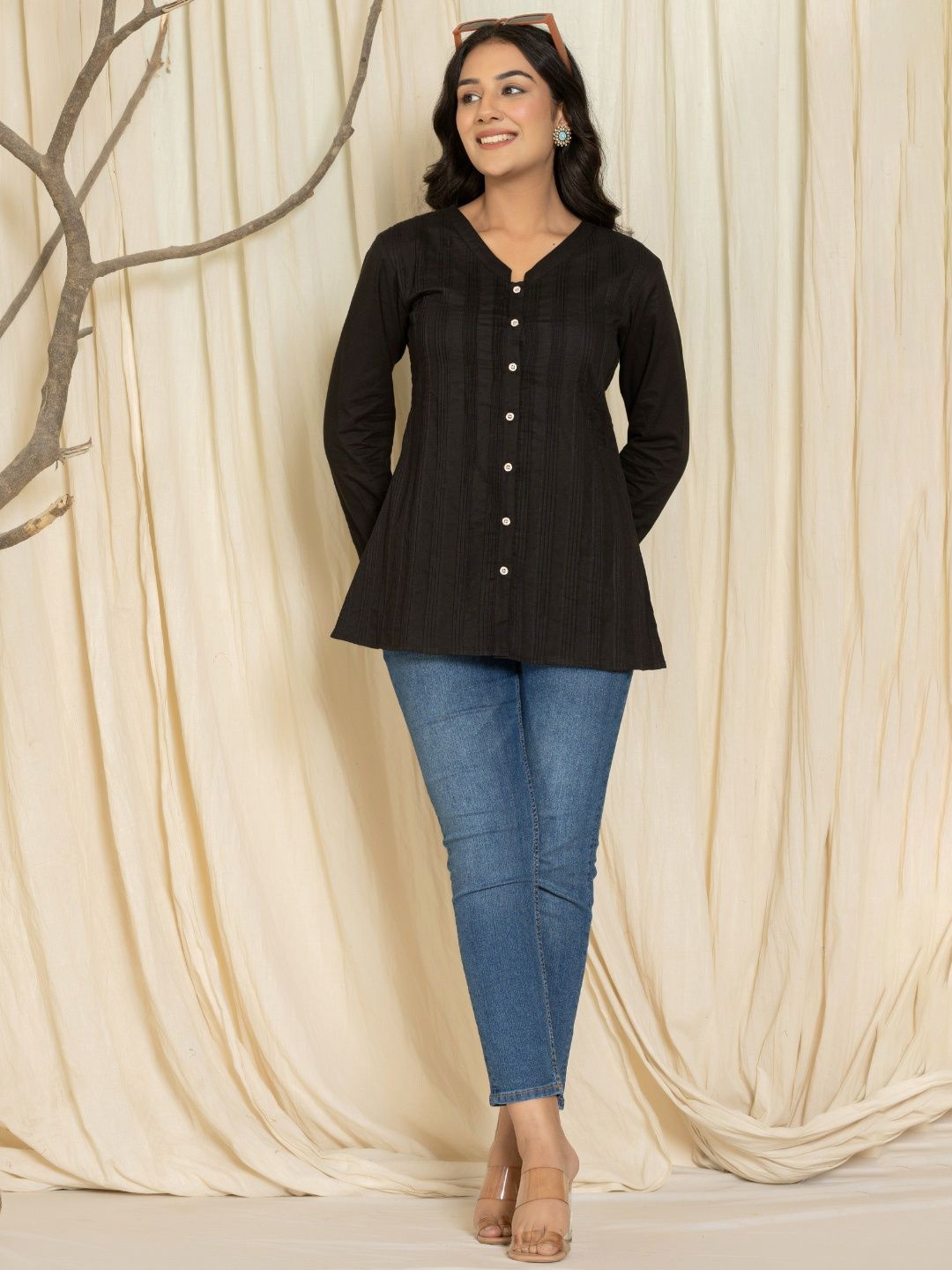 

VEDANA Mandarin Collar Cotton Shirt Style Top, Black