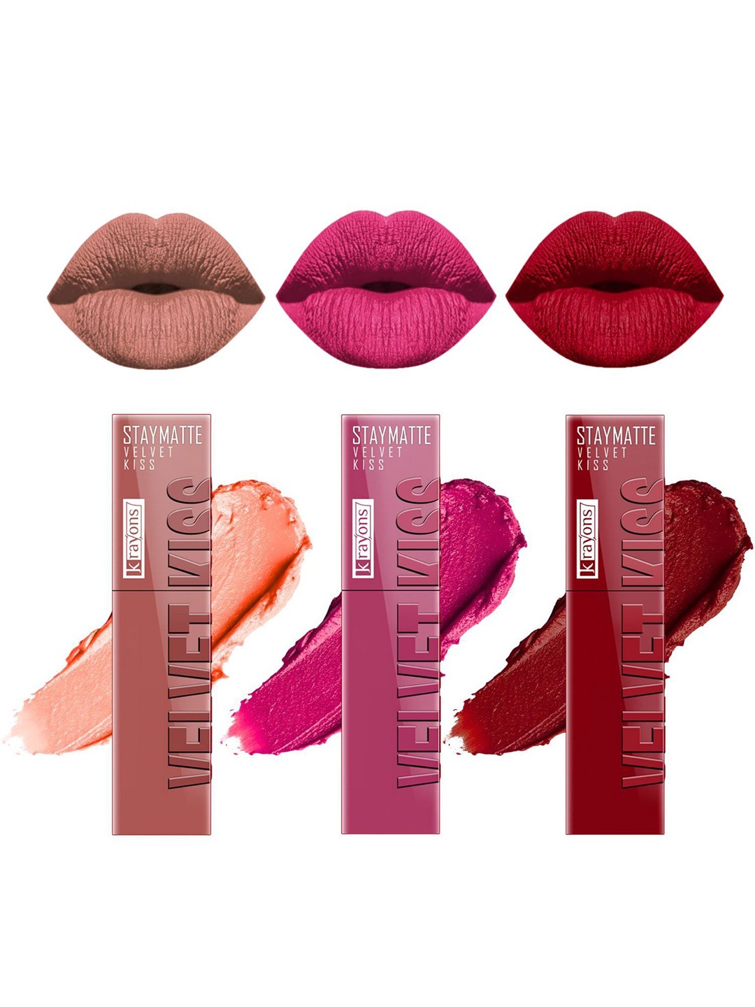 

krayons Velvet Kiss Set Of 3 Lipstick - 3.5 ml Each Ruby Red Pink Punch Sheer Nude