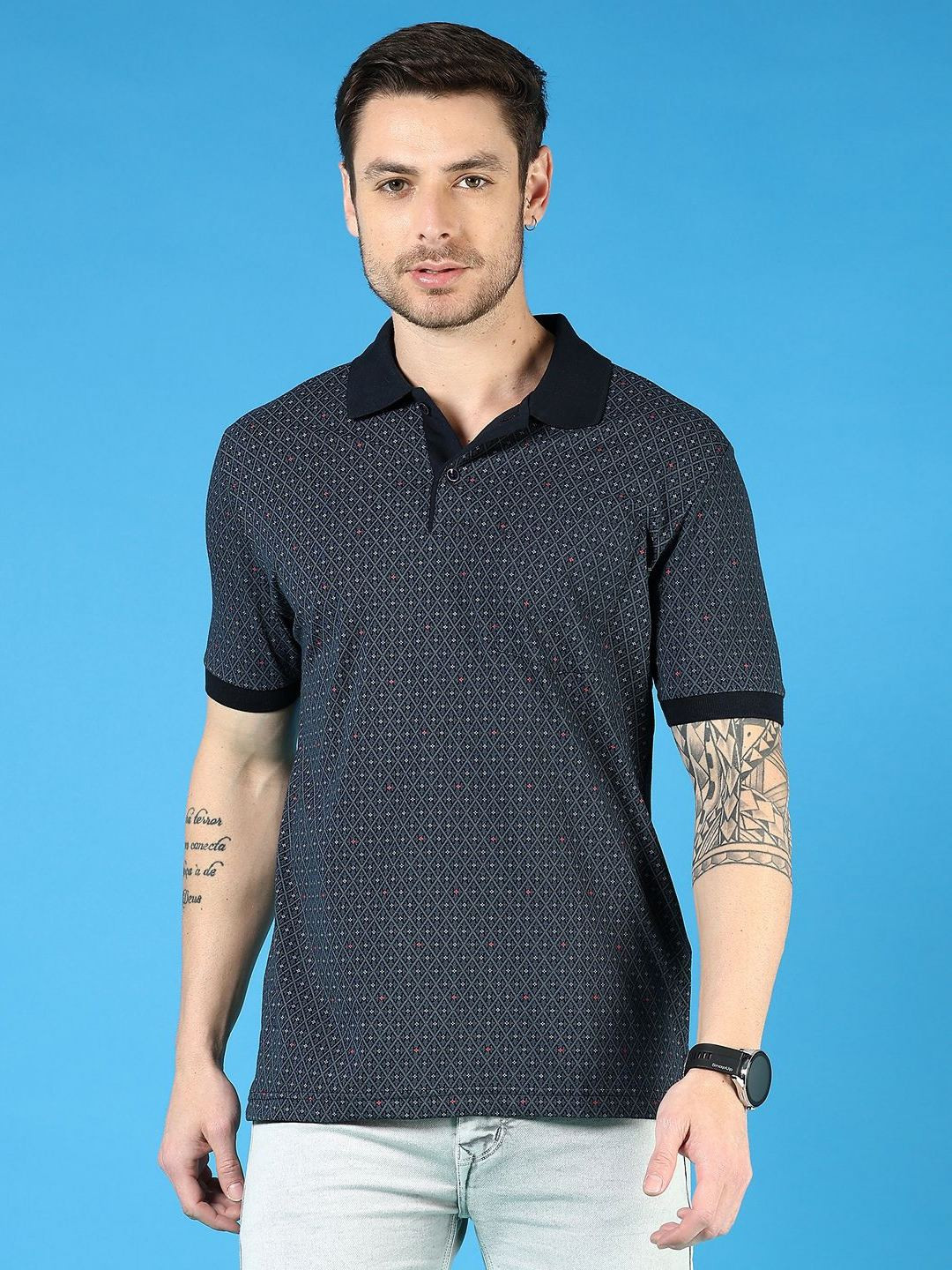 

V-Mart Men Printed Polo Collar Pockets T-shirt, Navy blue