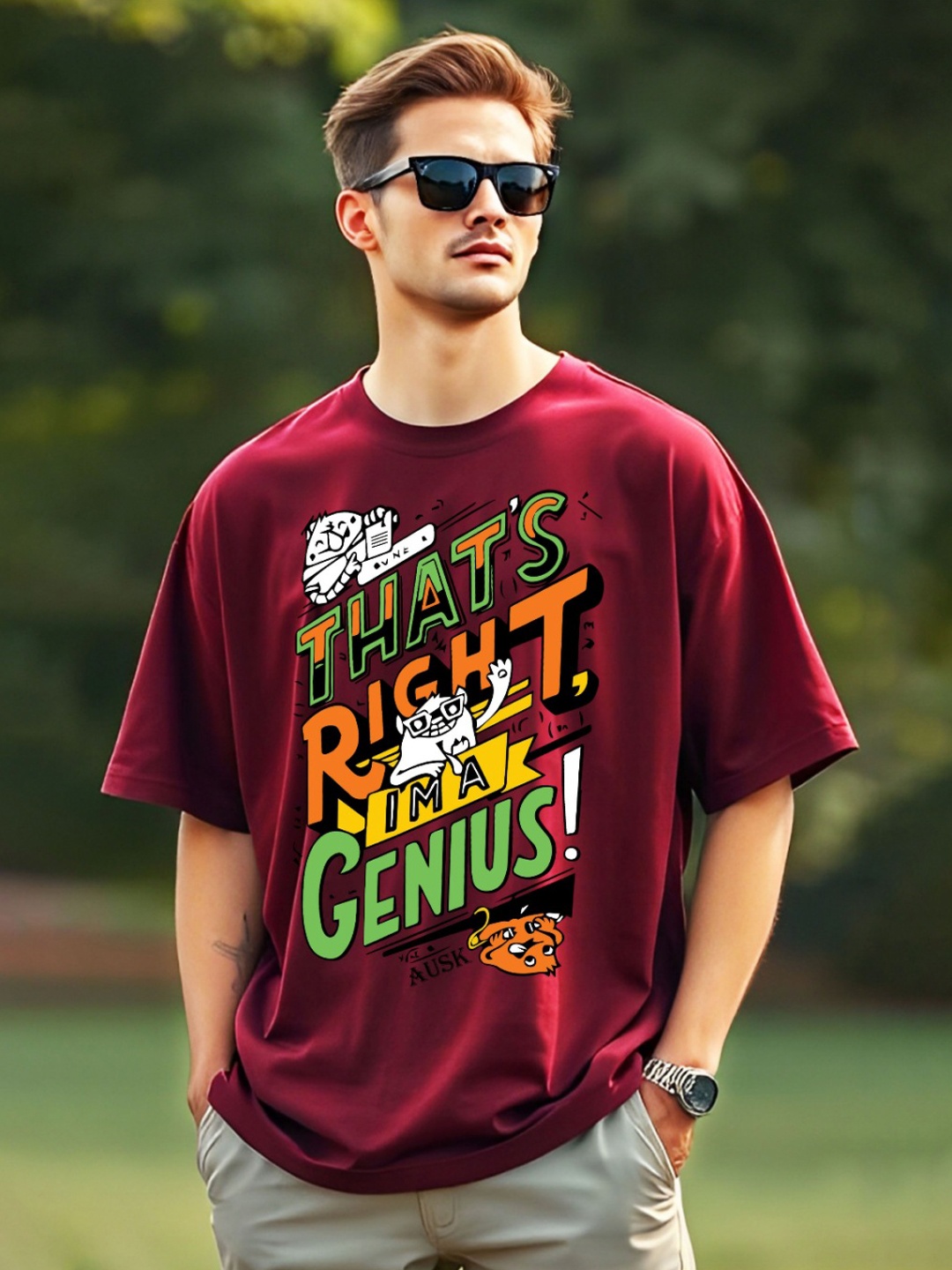 

AUSK Men Printed Drop-Shoulder Sleeves Raw Edge T-shirt, Maroon