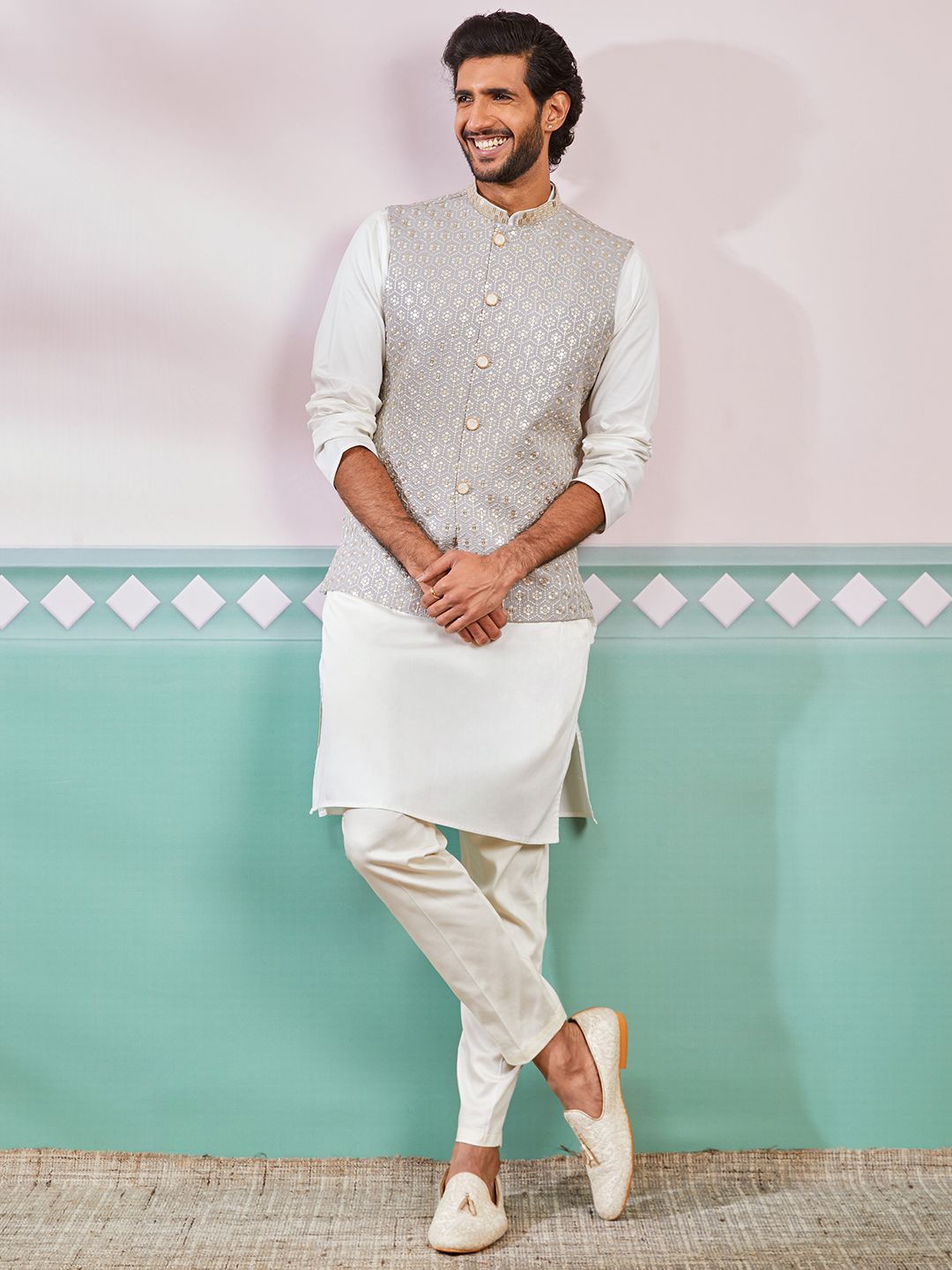 

VASTRAMAY Men Regular Kurta with Trousers, Cream