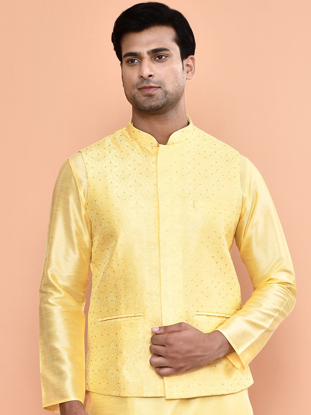 

MAAHI FABS Embroidered Woven Nehru Jacket, Yellow