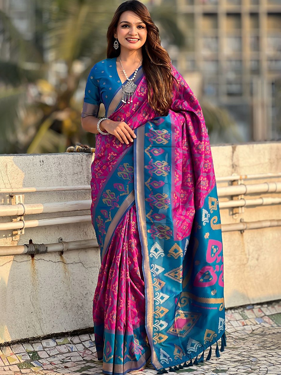 

all about you Woven Design Zari Silk Blend Patola Saree, Magenta