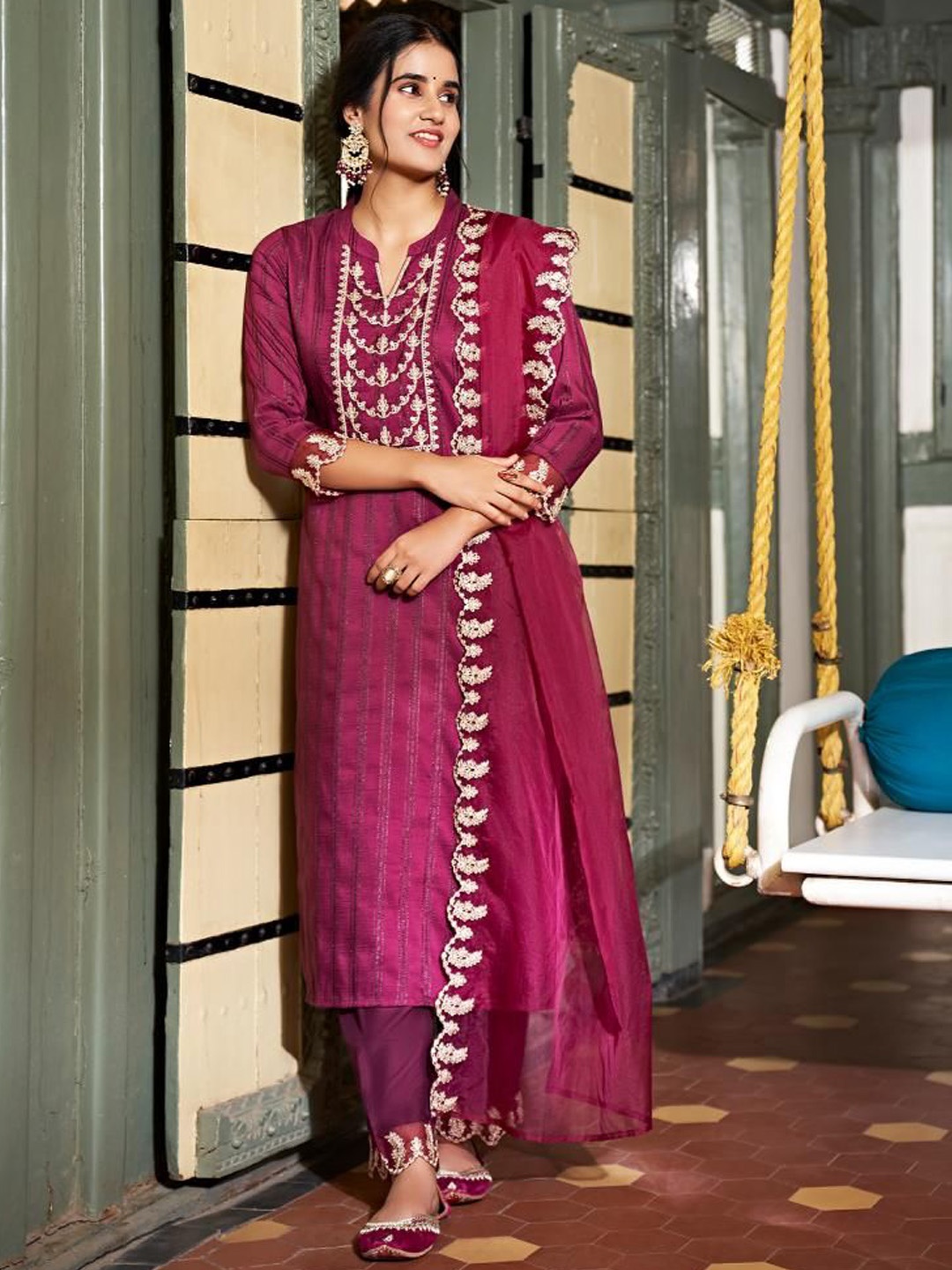 

Colors of Earth Women Embroidered Regular Thread Work Kurta with Trousers & With Dupatta, Burgundy