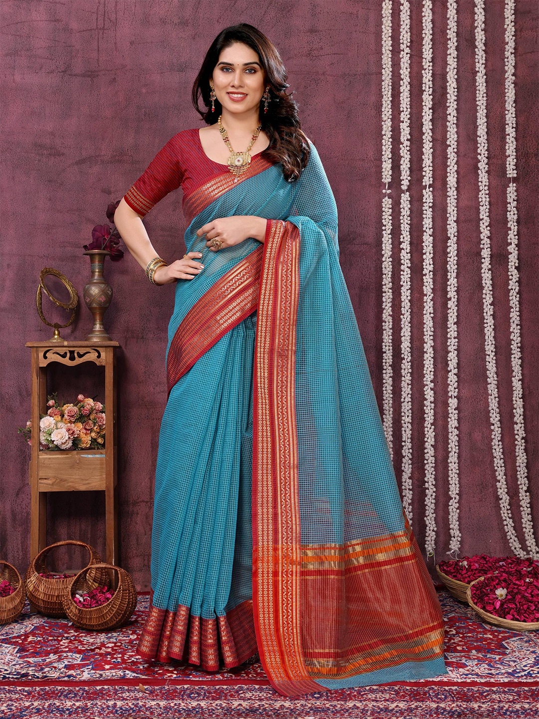 

Moda Rapido Checked Zari Silk Blend Kota Saree, Blue
