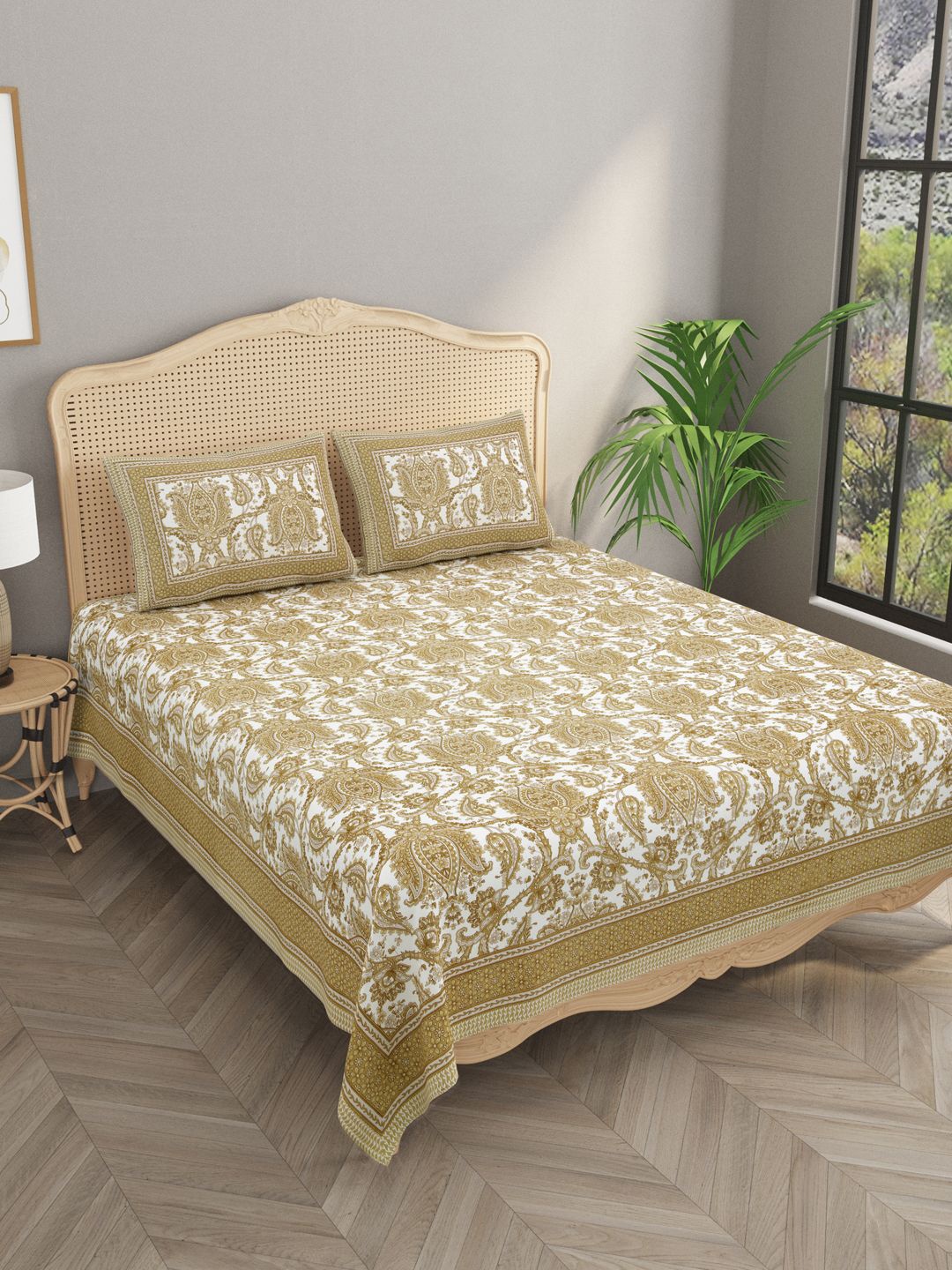 

Gulaab Jaipur Cream-Coloured & Brown Floral 400 TC King Bedsheet with 2 Pillow Covers