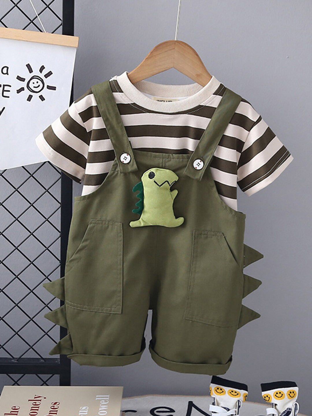 

Bold N Elegant Infants Striped Cotton Dungaree With T-Shirt, Green