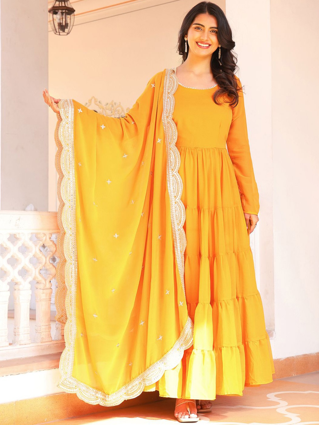 

Wedani Women Layered Kurta with Pyjamas & With Dupatta, Yellow