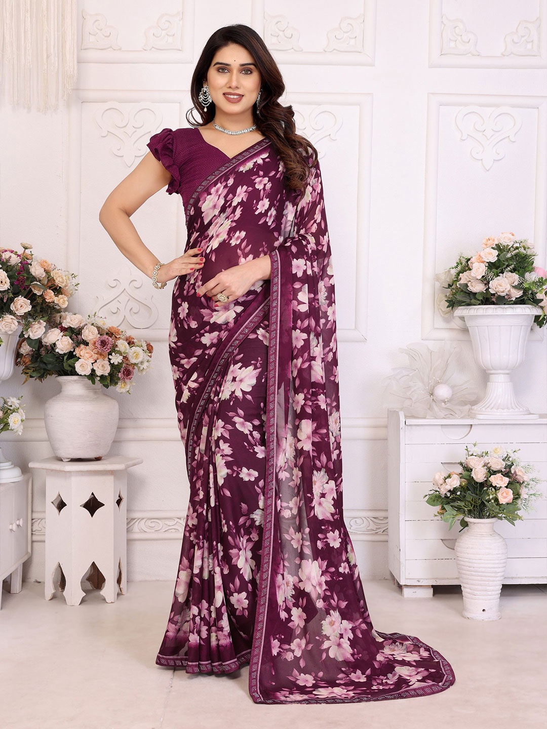 

Moda Rapido Floral Beads and Stones Poly Georgette Saree, Purple