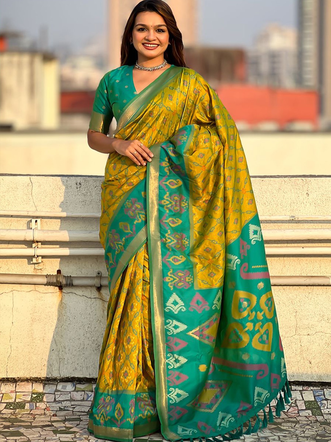 

all about you Woven Design Zari Silk Blend Patola Saree, Olive