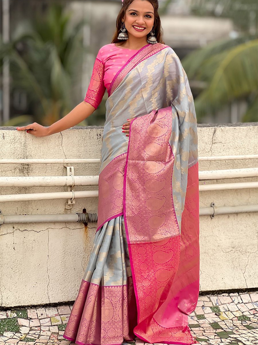 

all about you Woven Design Zari Silk Blend Kanjeevaram Saree, Grey