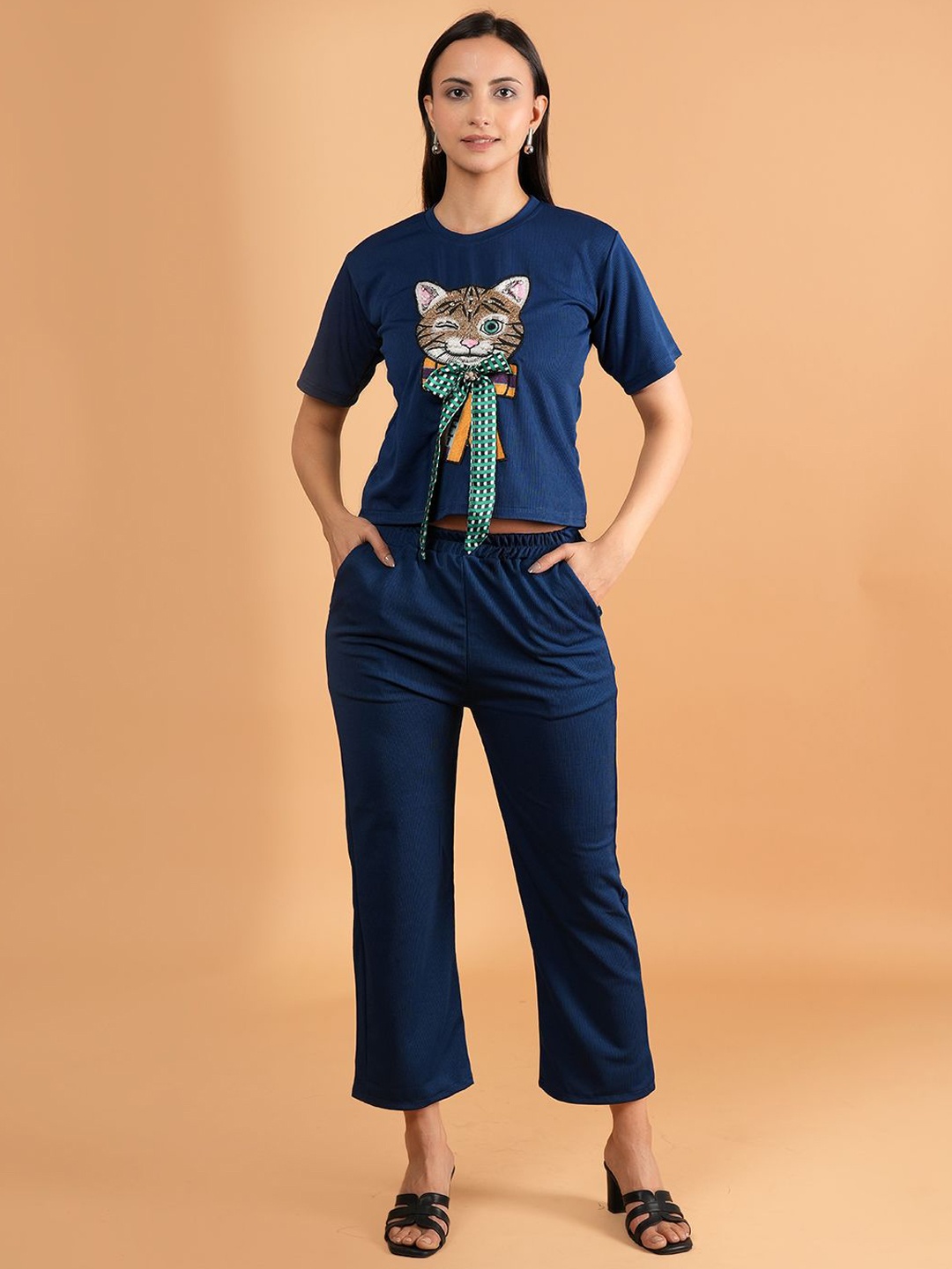 

Dreambe Printed Round Neck T-shirt With Trousers Co-Ords, Navy blue