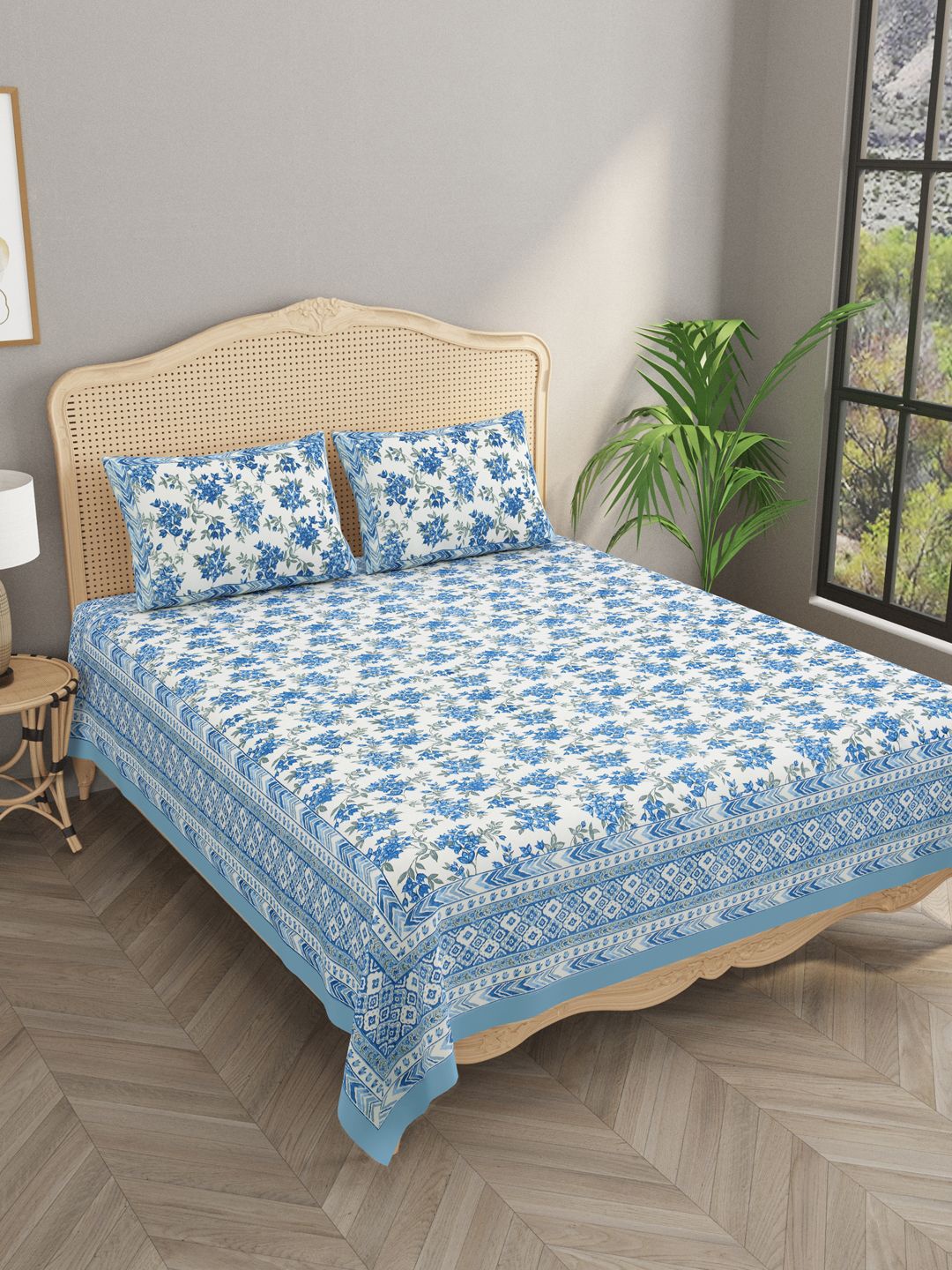 

Gulaab Jaipur White & Blue Floral 400 TC King Bedsheet with 2 Pillow Covers