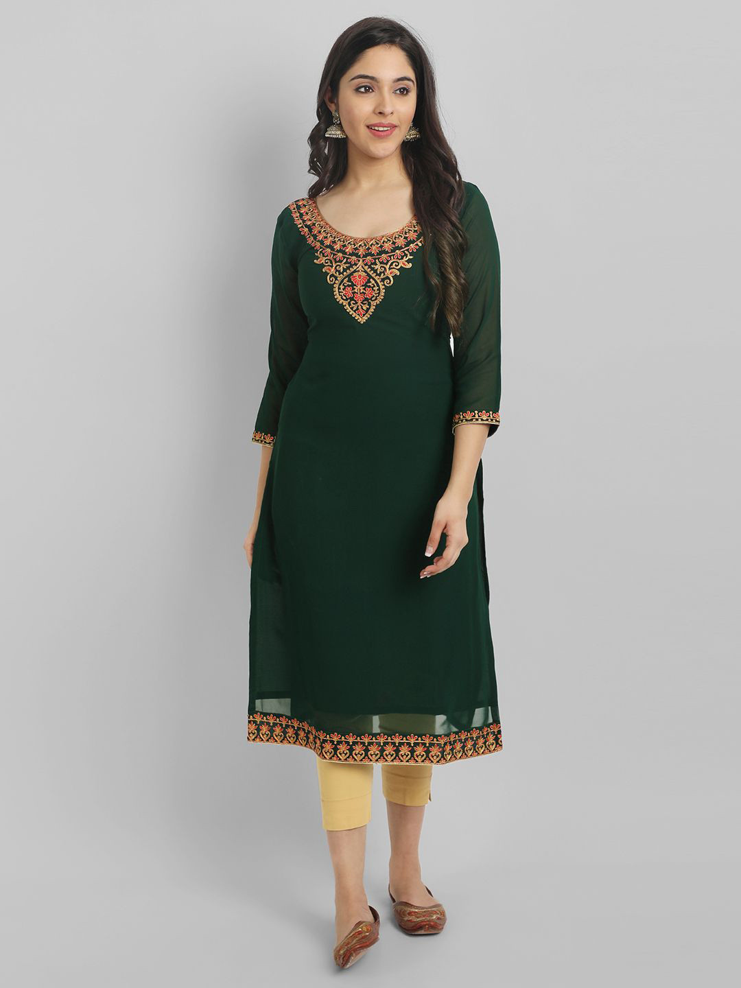 

Jash Creation Ethnic Motifs Yoke Design Thread Work Georgette Kurta, Green