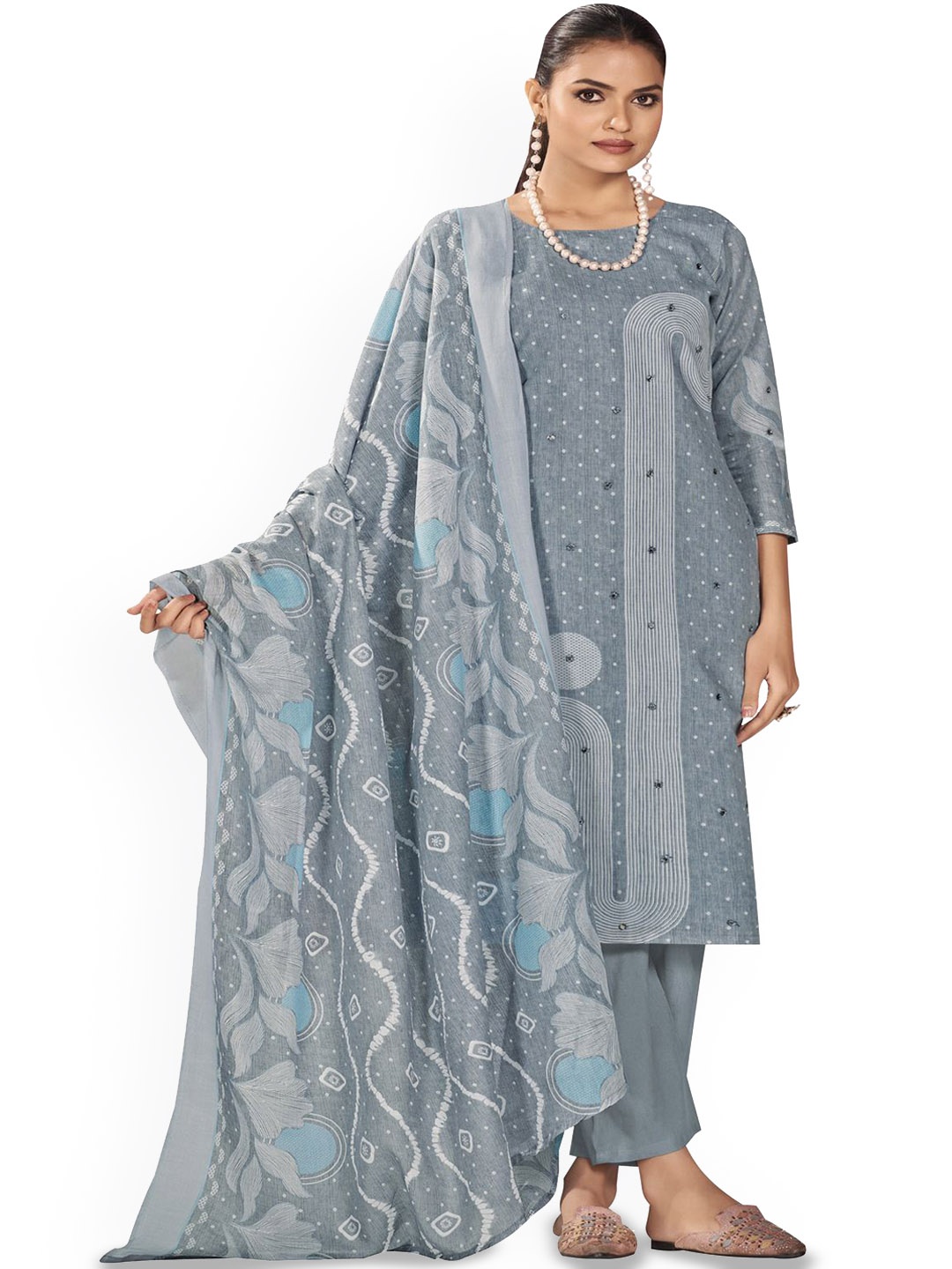 

DRAVINAM Trends Embroidered Pure Cotton Unstitched Dress Material, Grey