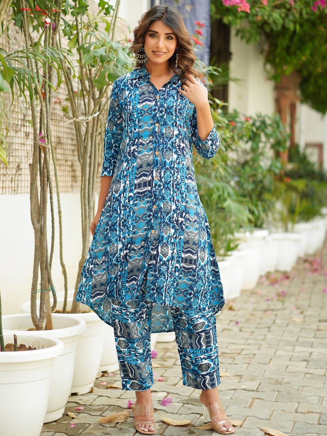 

Jade & Julie Printed Pure Cotton Tunic With Trouser Co-Ords, Blue
