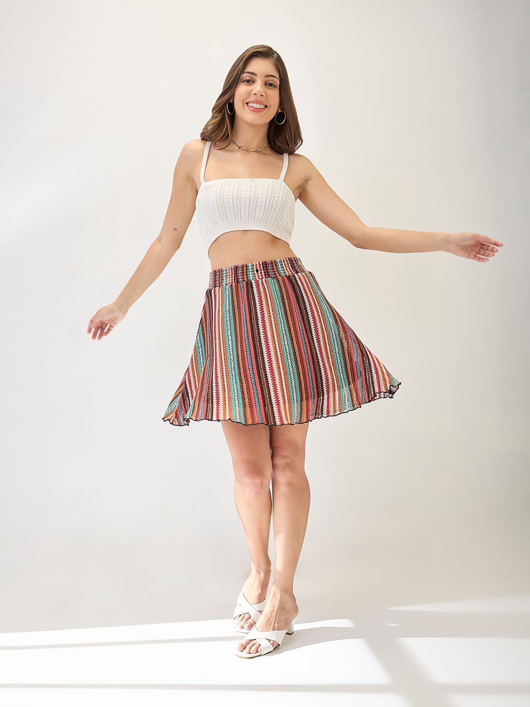 

Globus Mid Rise Striped Crochet Flared Mini Skirt, White