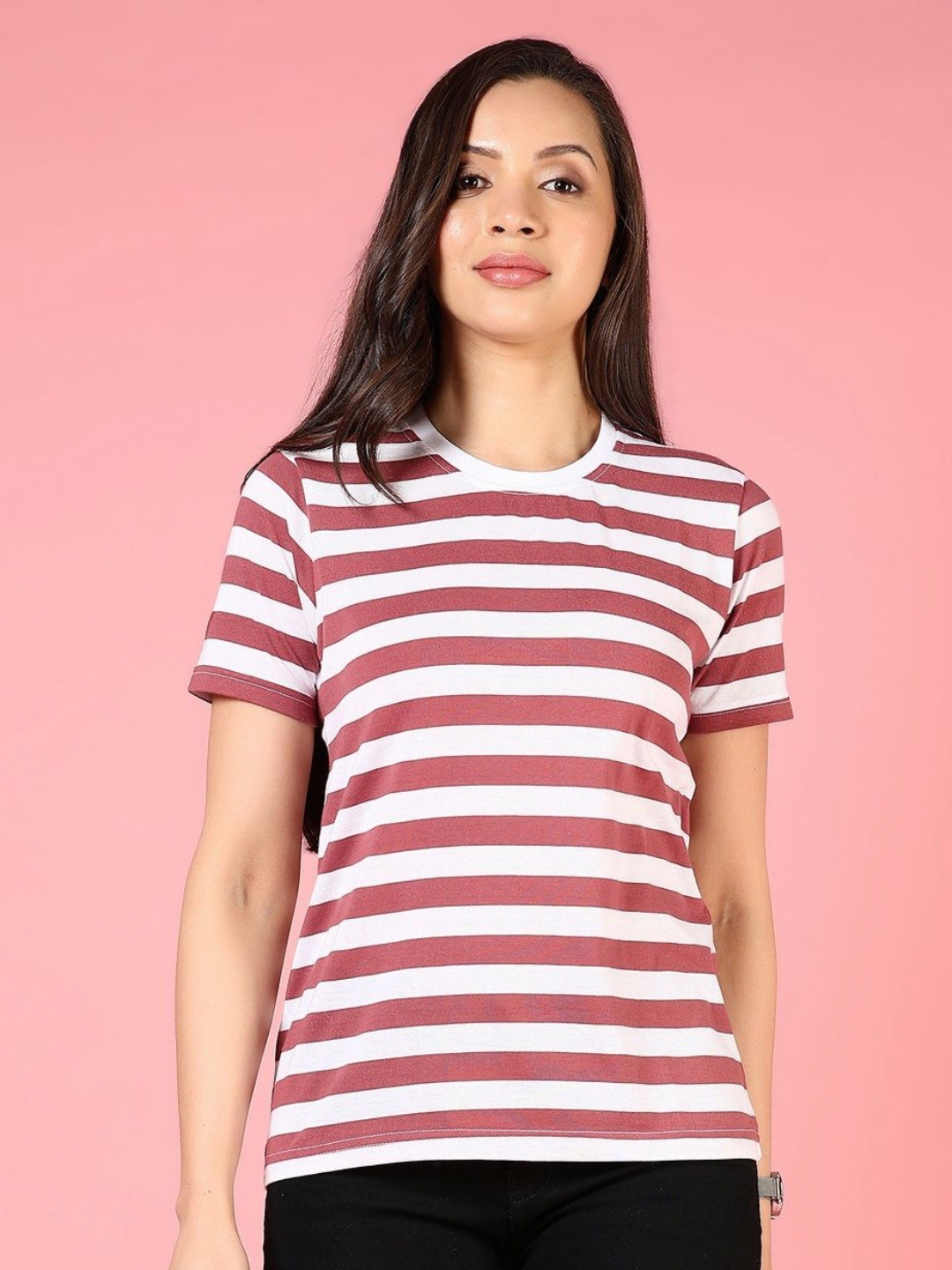 

V-Mart Women Striped Pockets T-shirt, Purple