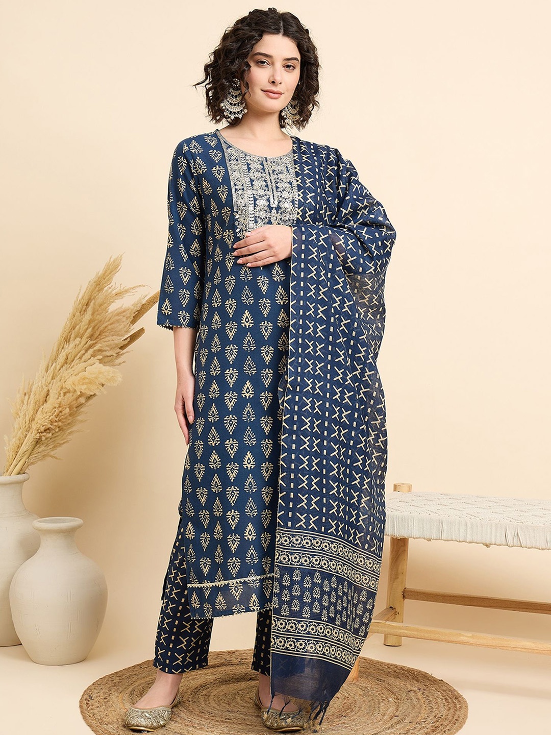 

KALINI Women Ethnic Motifs Printed Regular Kurta with Trousers & With Dupatta, Blue