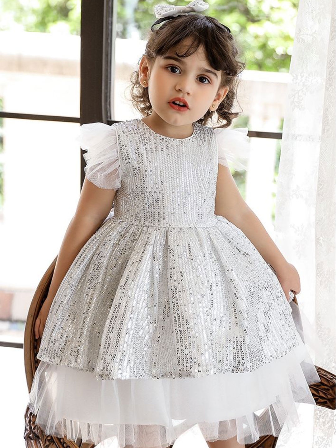 

LULU & SKY Flutter Sleeve Fit & Flare Dress, Silver