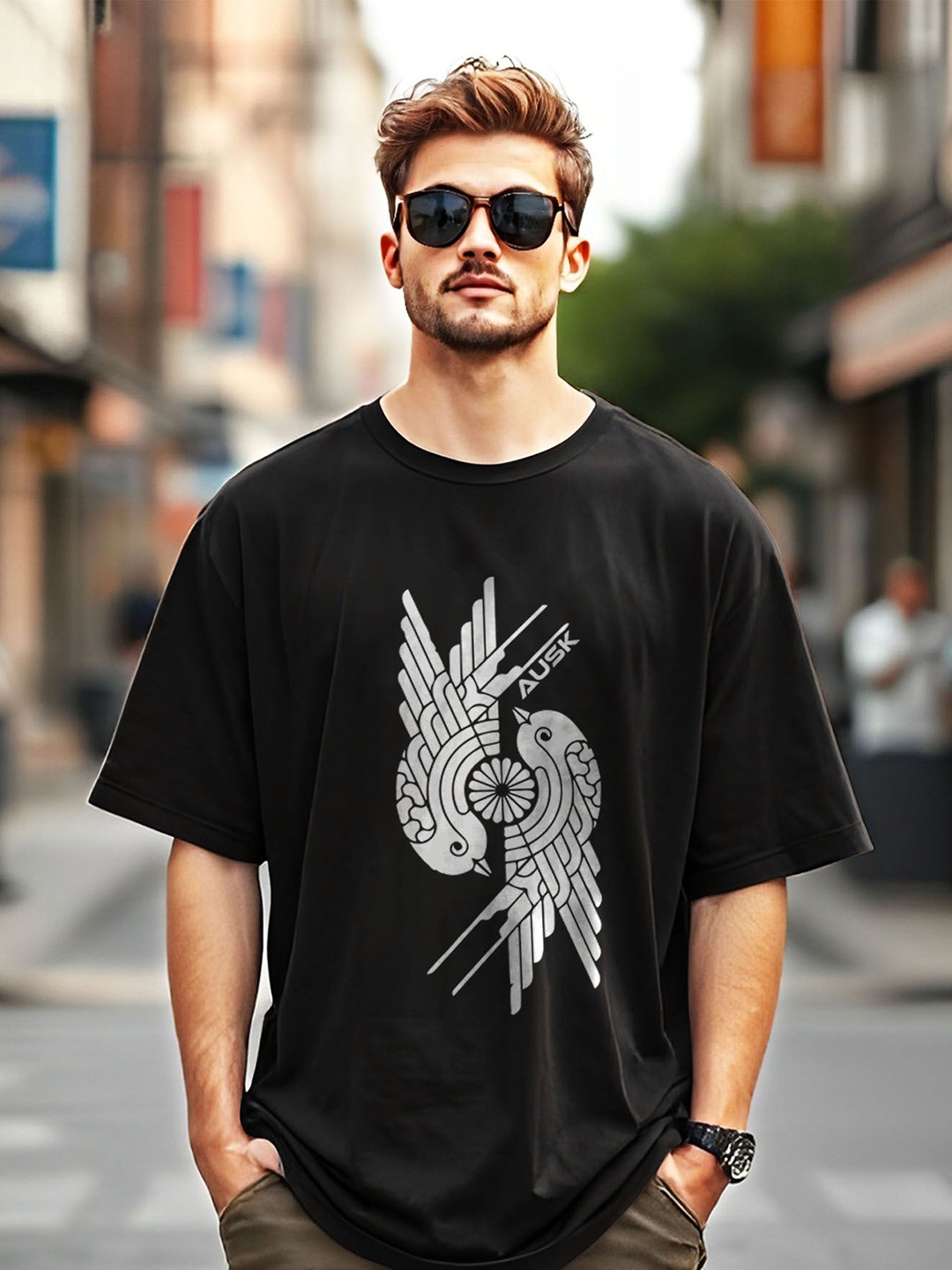

AUSK Men Printed Raw Edge T-shirt, Black