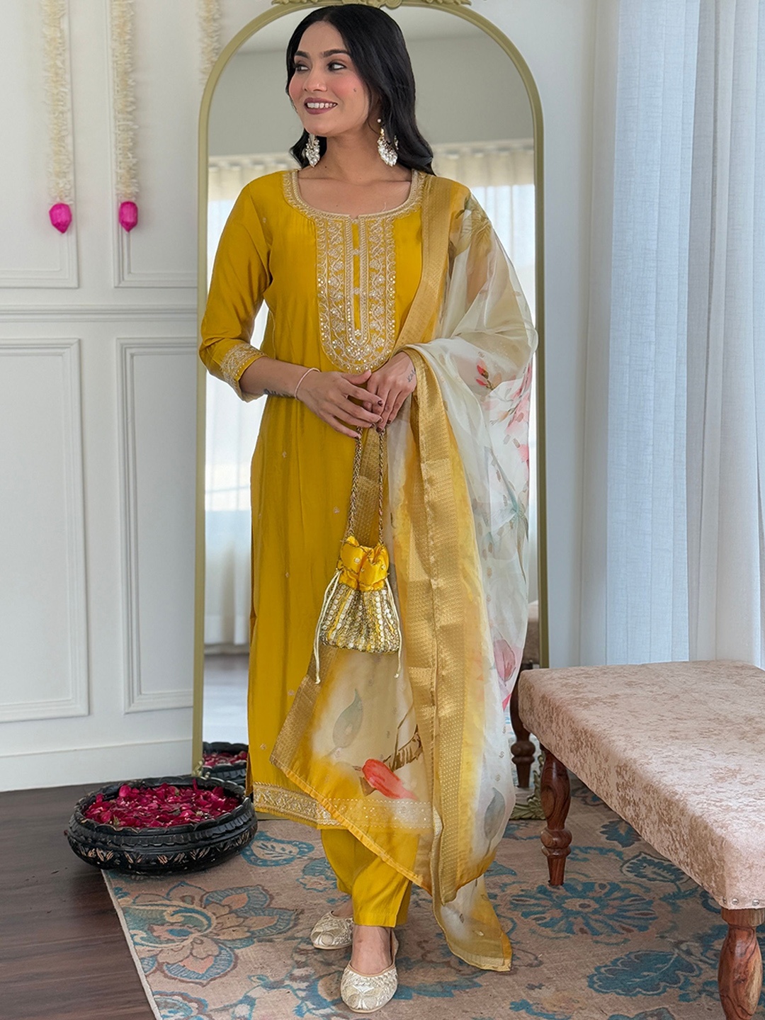 

Fashion Ritmo Women Floral Embroidered Regular Kurta with Pyjamas & With Dupatta, Mustard