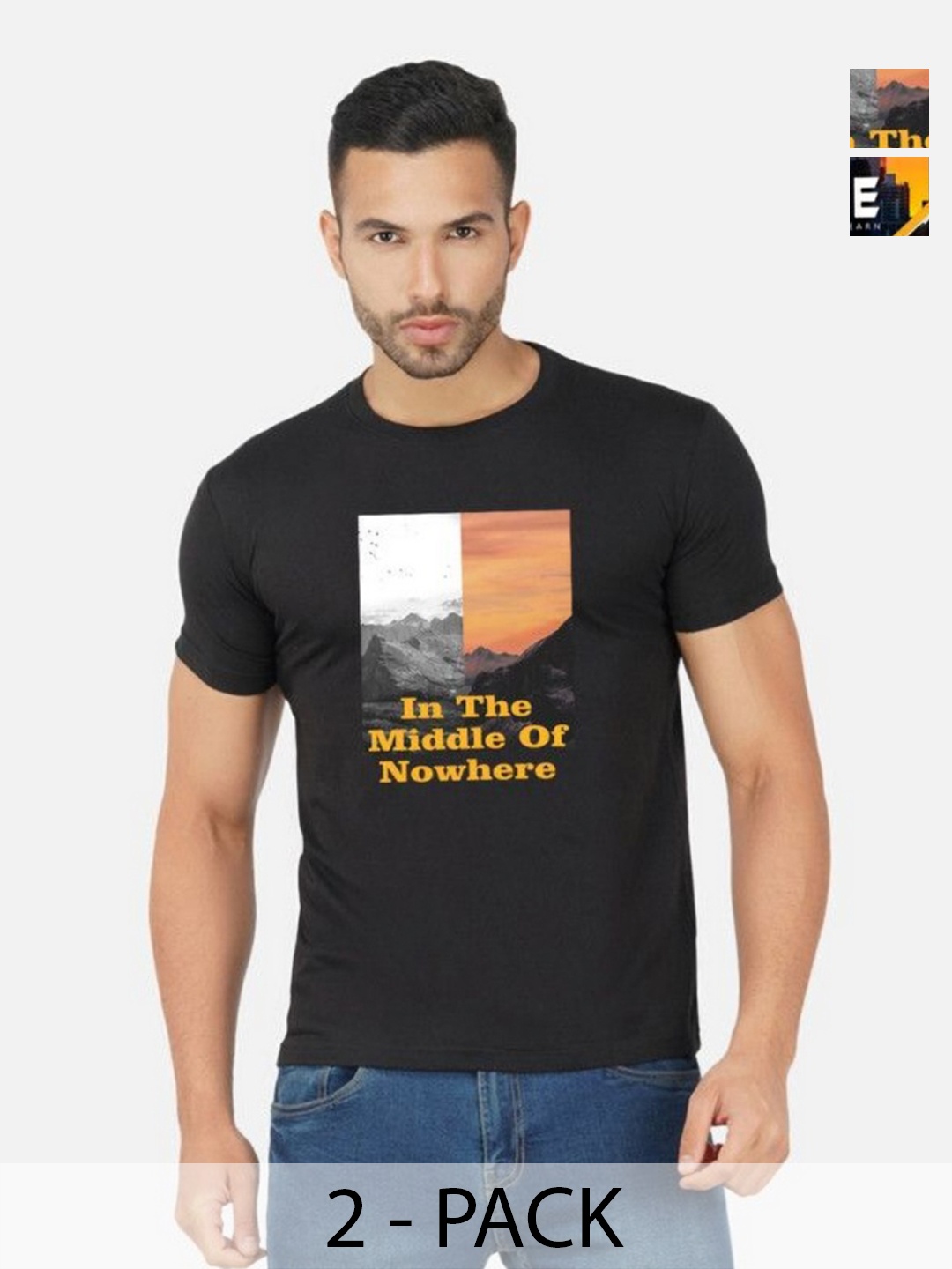 

GLOBAL NOMAD Men 2 Printed Bio Finish Applique T-shirt, Black