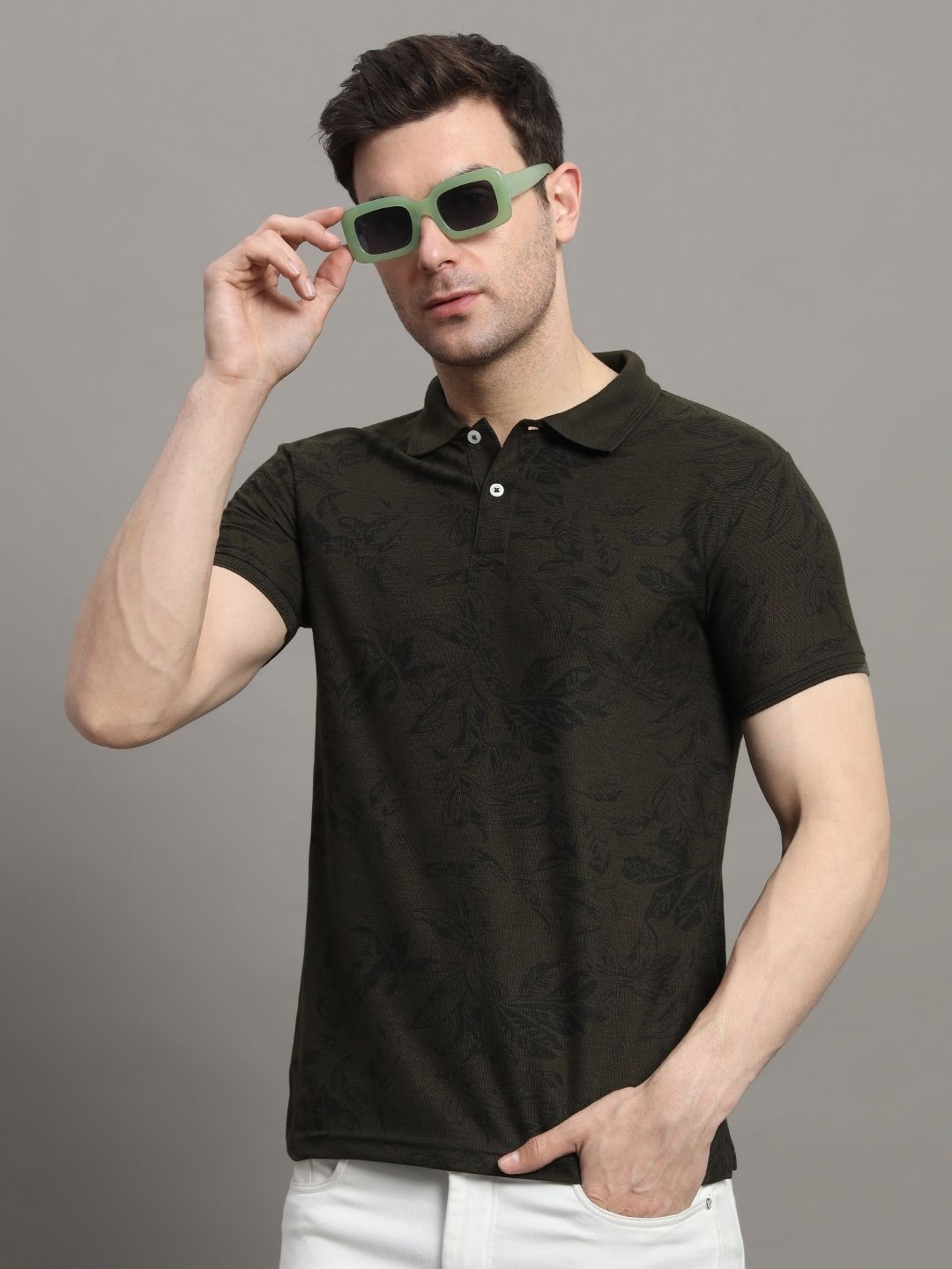 

R.ARHAN PREMIUM Men Printed Polo Collar Pockets T-shirt, Olive