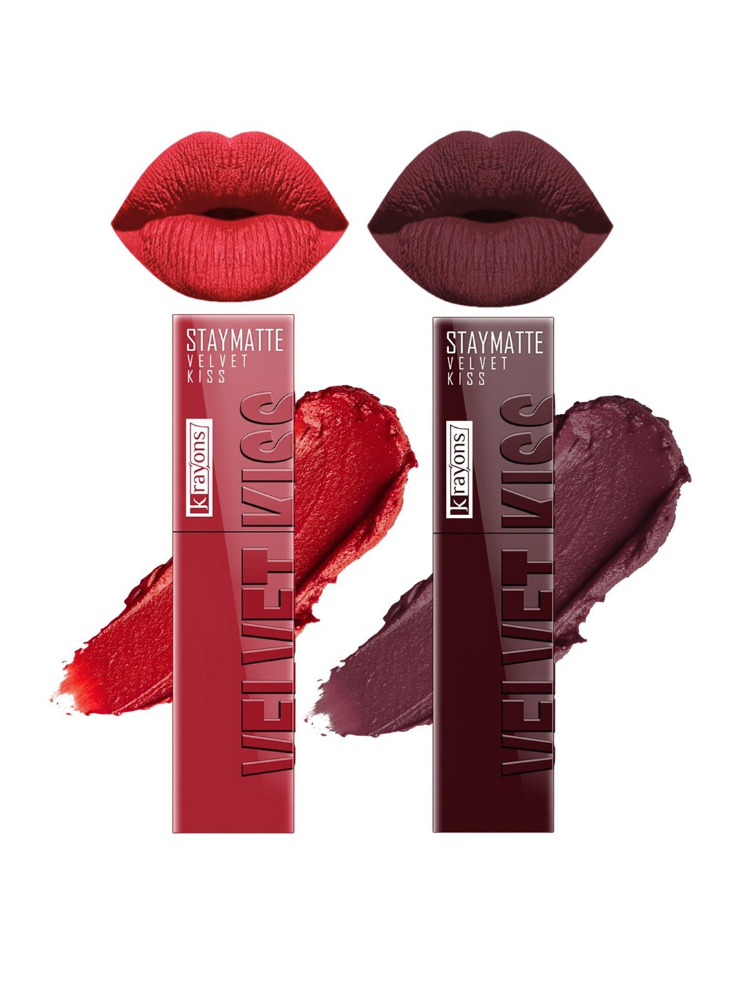 

krayons StayMatte Velvet Kiss Set Of 2 Liquid Lipstick -Scarlet Red 01-Burnt Maroon 02
