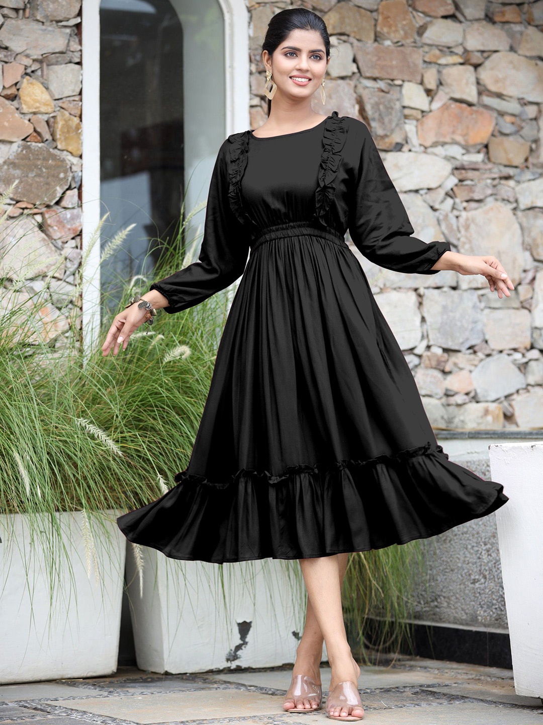 

Jash Creation Applique Crepe Fit & Flare Maxi Dress, Black