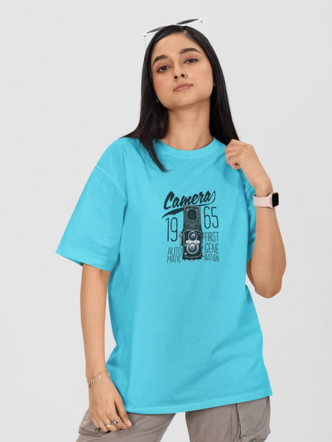 

Moda Rapido Women Printed Drop-Shoulder Sleeves Pockets T-shirt, Turquoise blue