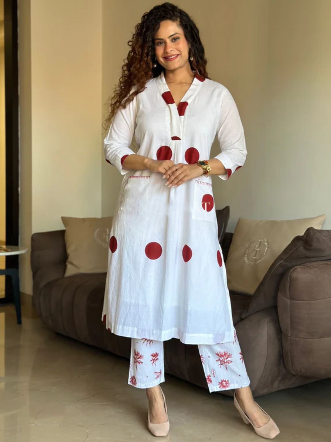 

Jade & Julie Printed Pure Cotton V-Neck Tunic & Trouser Co-Ord Set, Red