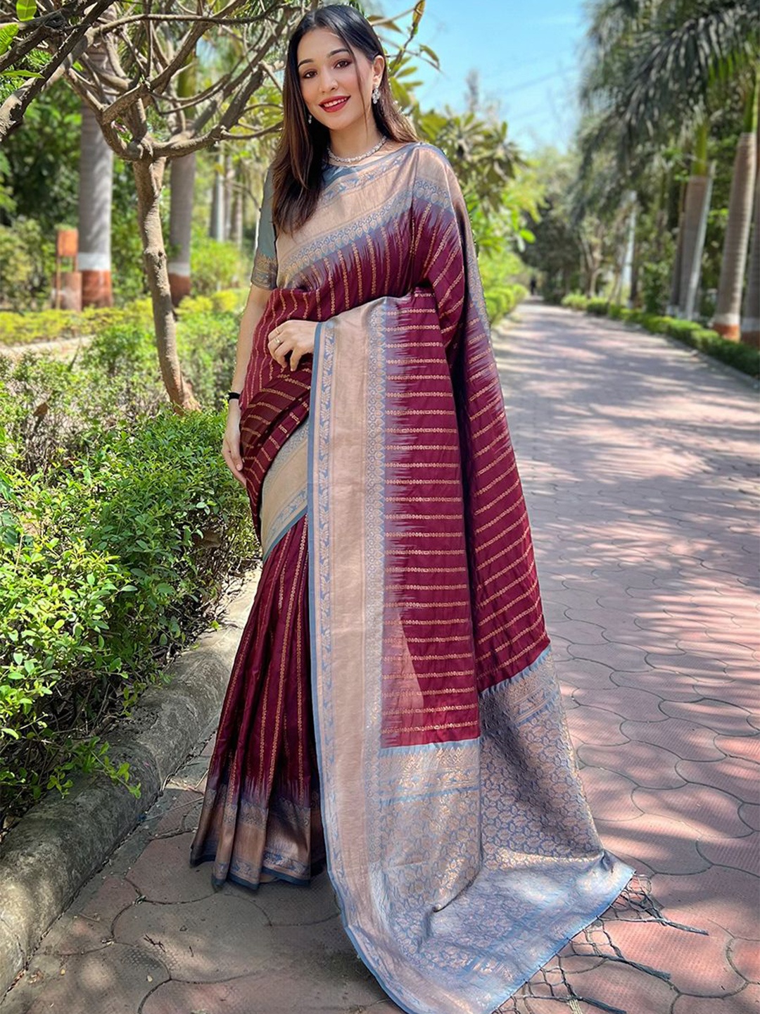 

all about you Woven Design Zari Silk Blend Banarasi Saree, Brown