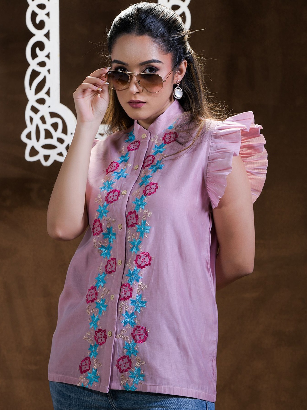 

Phulkari Forever Floral Embroidered Mandarin Collar Pure Silk Top, Pink
