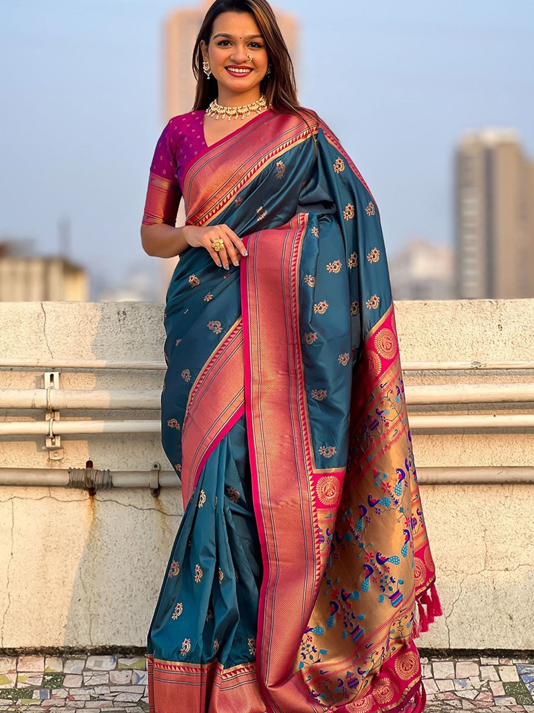 

all about you Woven Design Zari Silk Blend Paithani Saree, Blue