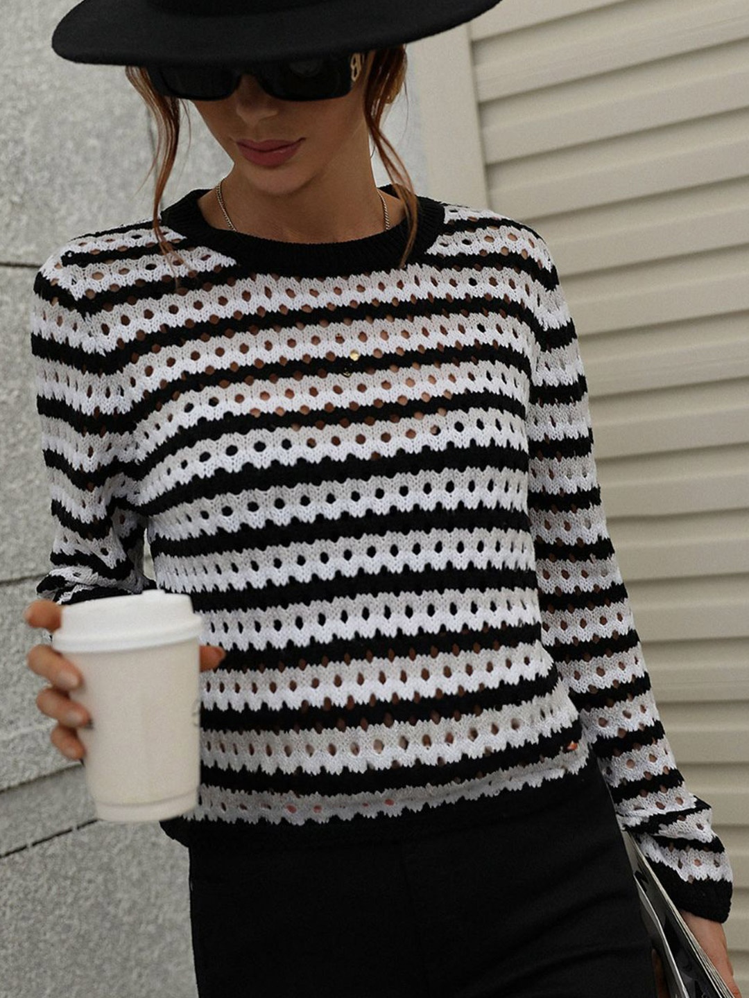 

Oh Rare Women Striped Pullover, Black