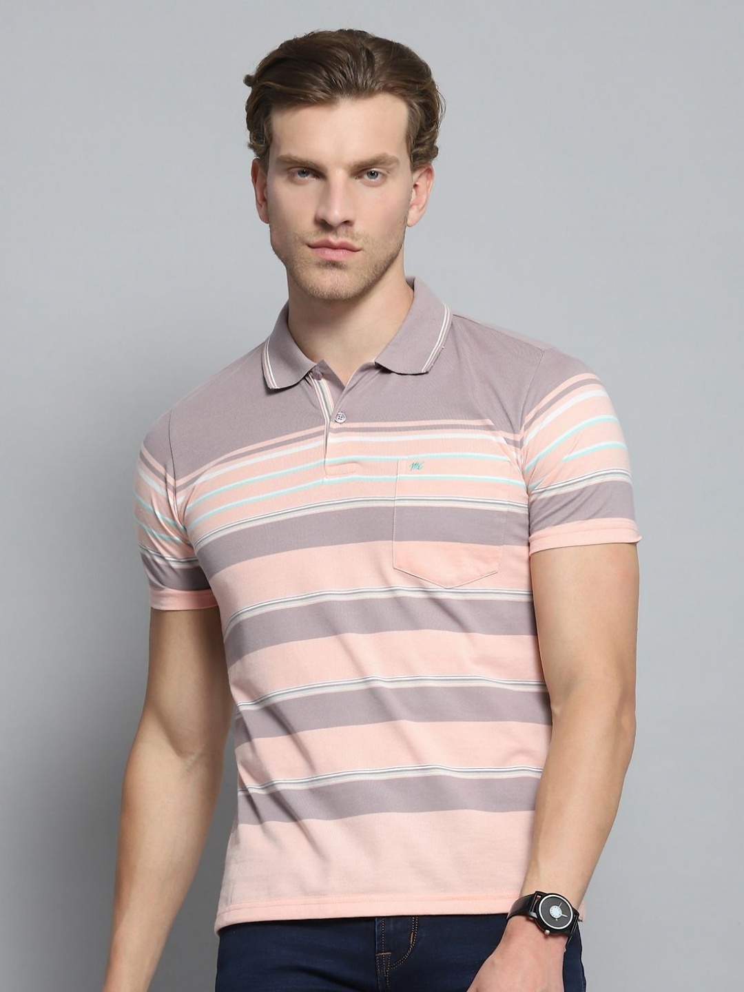 

Monte Carlo Men Striped Polo Collar Pockets T-shirt, Peach