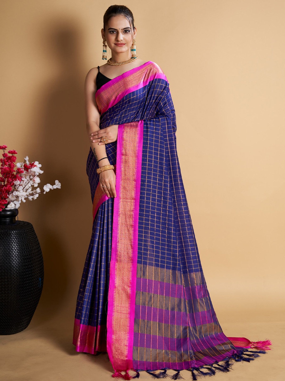 

Rangtulika Ethnics Checked Zari Silk Blend Saree, Blue