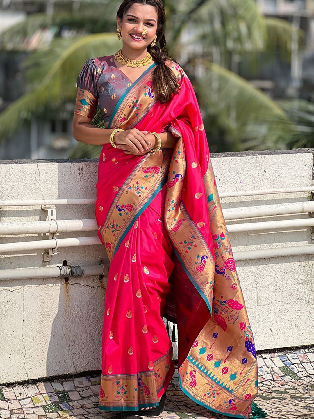 

all about you Woven Design Zari Silk Blend Paithani Saree, Pink