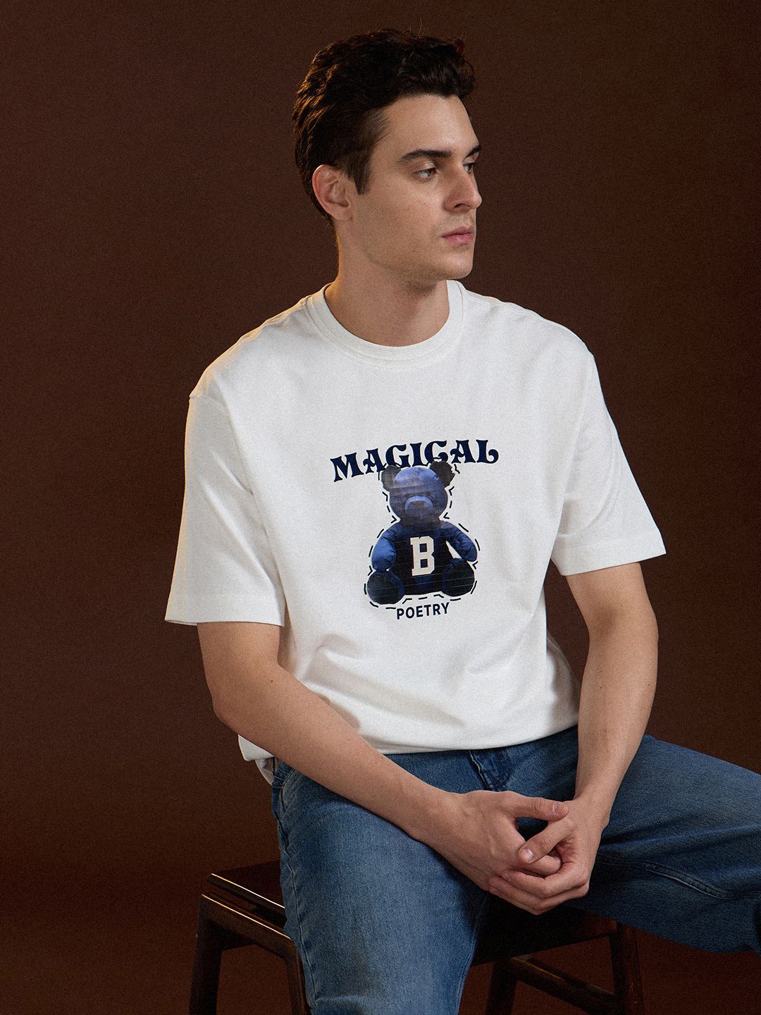 

THE BEAR HOUSE Men Printed Drop-Shoulder Sleeves T-shirt, White