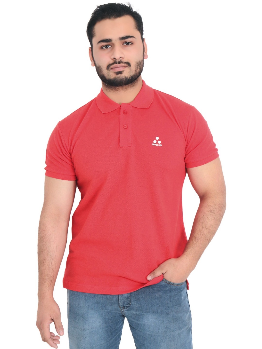 

Triple Dot Men Polo Collar Bio Finish Applique T-shirt, Red