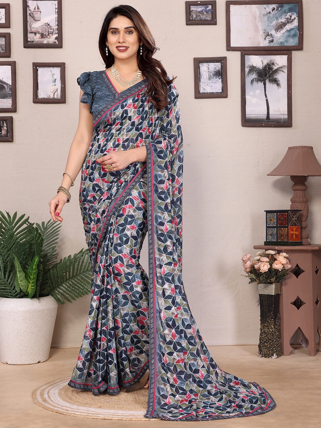 

Moda Rapido Beads and Stones Poly Georgette Saree, Grey