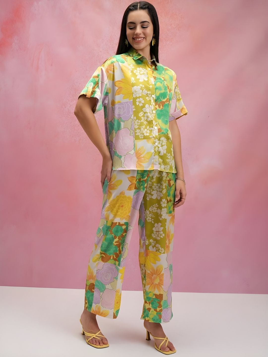 

Jade & Julie Floral Printed Pure Cotton Shirt & Trouser Co-Ord Set, Green